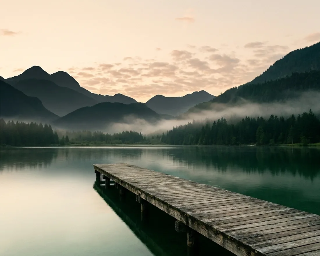 Illustrative alpine lake at dawn, with a wooden jetty and forested mountains